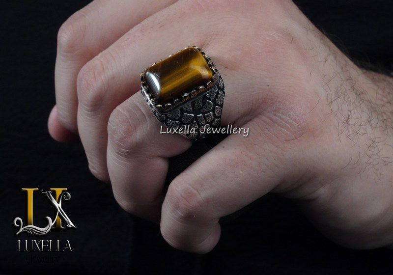 Sterling Silver Tiger's Eye Men's Ring - Handcrafted Unique Silver Ring for Men