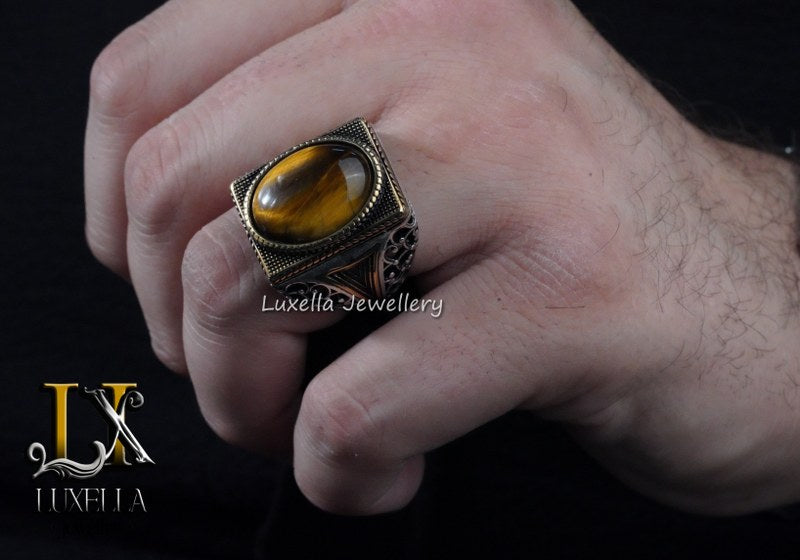 Sterling Silver Tiger's Eye Men's Ring - Handcrafted Unique Silver Ring for Men