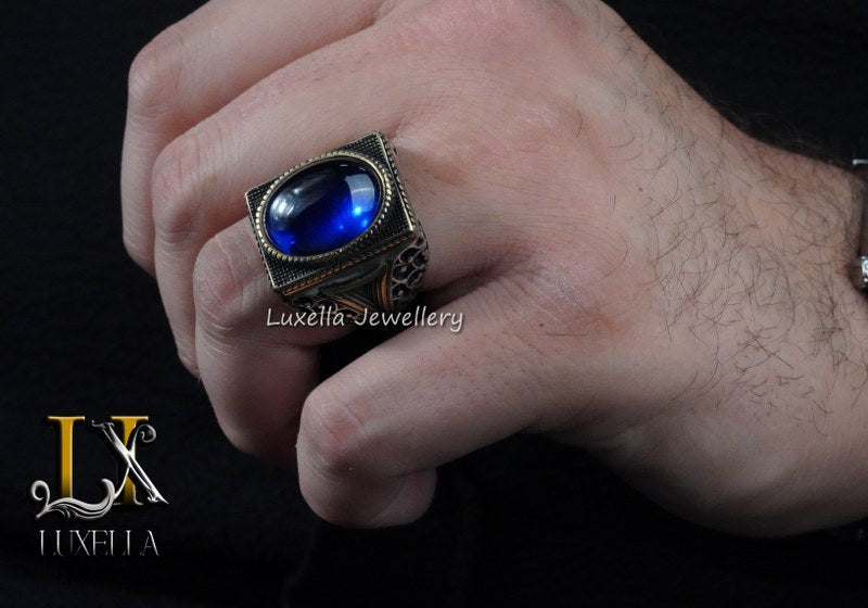 Sterling Silver Sapphire Men's Ring - Handcrafted Ring for Men