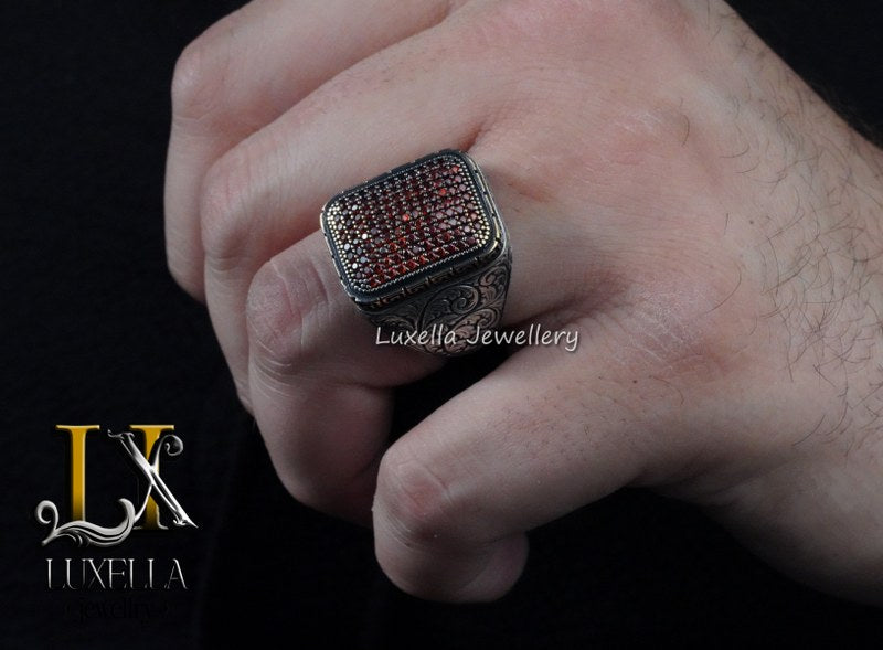 Sterling Silver Garnet Men's Ring - Handcrafted Jewelry for Bold Style