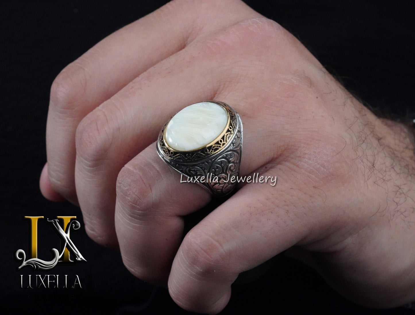 Sterling Silver Mother of Pearl Men's Ring - Handcrafted Ring for Men - Handmade Men's Ring