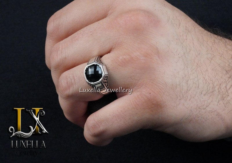 Sterling Silver Black Onyx Zircon Men's Ring - Unique Handmade Ring for Men