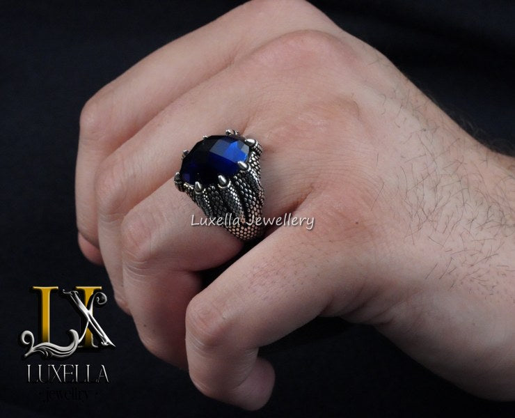 Sterling Silver Sapphire Men's Ring - Handcrafted Ring for Men