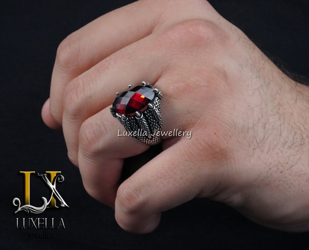 Sterling Silver Garnet Men's Ring - Handcrafted Ring for Men - Handmade Men's Ring