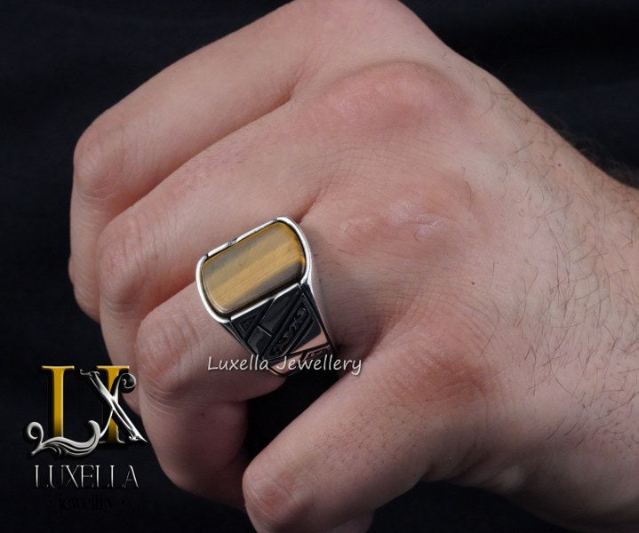 Sterling Silver Tiger's Eye Men's Ring - Handcrafted Unique Silver Ring for Men