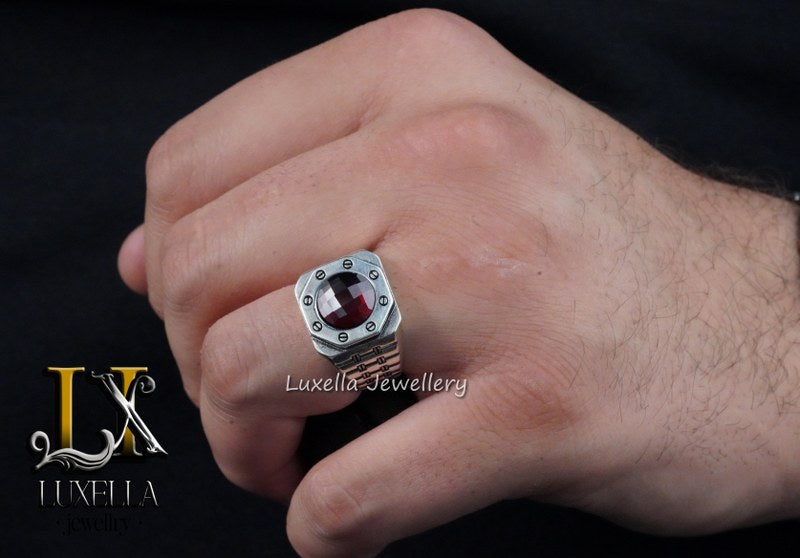 Sterling Silver Garnet Men's Ring - Handcrafted Jewelry for Bold Style.