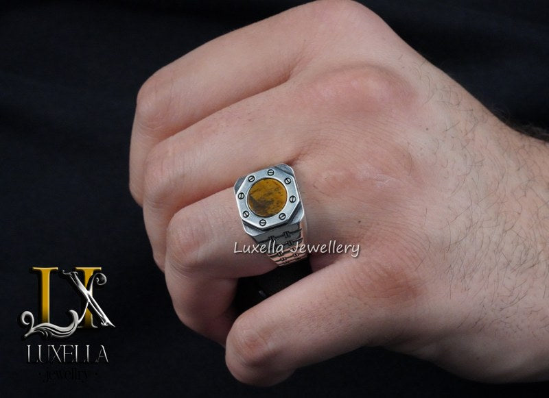 Sterling Silver Zircon   Tiger's Eye Men's Ring - Unique Jewelry for Men