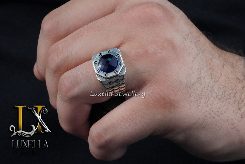 Sterling Silver Sapphire Men's Ring - Handcrafted Ring for Men