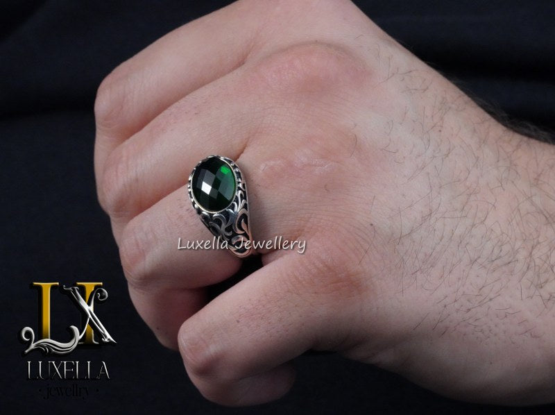 Sterling Silver Emerald Men's Ring - Unique Handcrafted Jewelry for Men