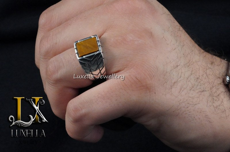 Sterling Silver Tiger's Eye Men's Ring - Handcrafted Unique Silver Ring for Men