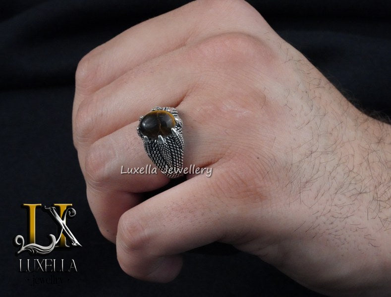 Sterling Silver Tiger's Eye Men's Ring - Handcrafted Unique Silver Ring for Men