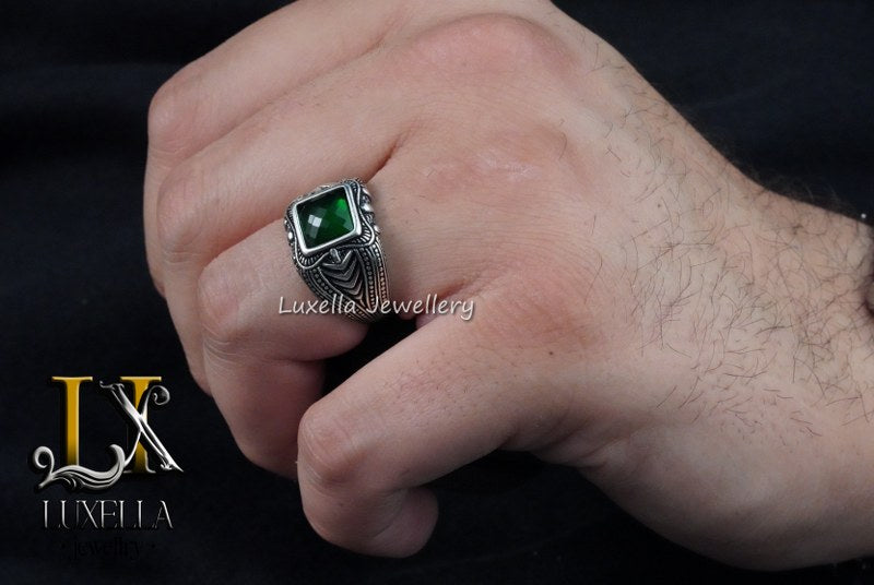 Sterling Silver Emerald Men's Ring - Unique Handcrafted Ring for Men