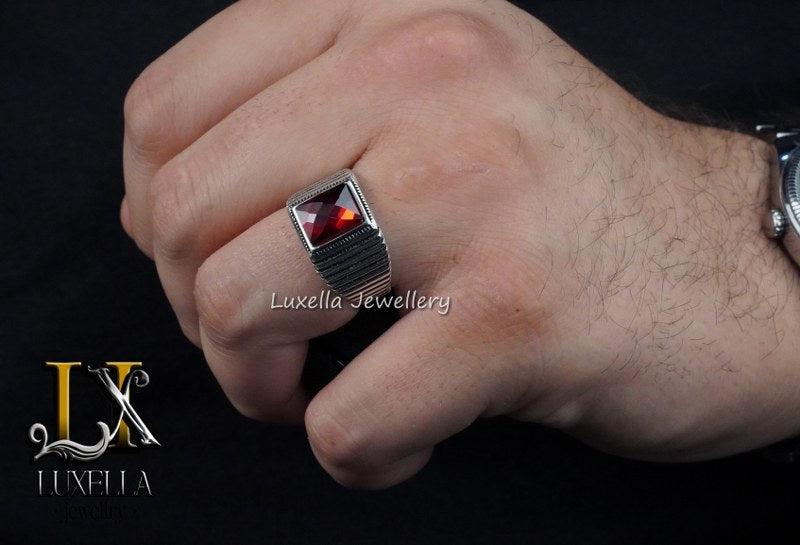 Sterling Silver Garnet Men's Ring - Handcrafted Jewelry for Bold Style