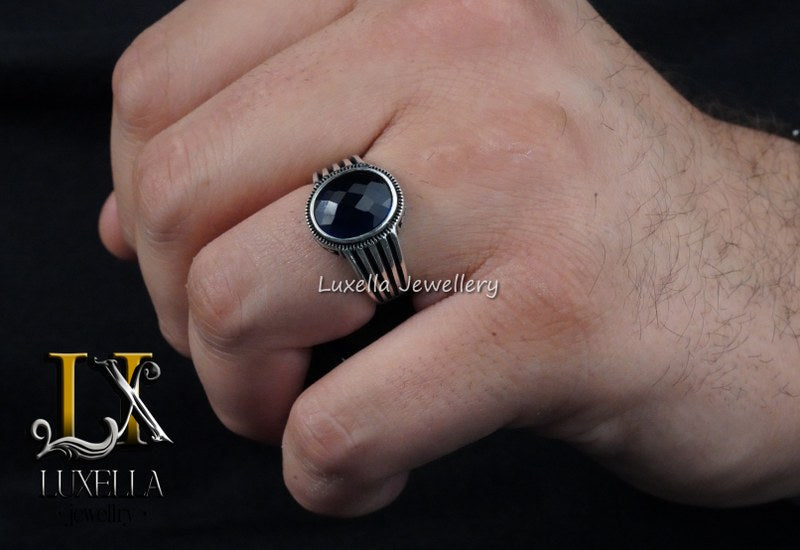 Sterling Silver Sapphire Men's Ring - Handcrafted Ring for Men