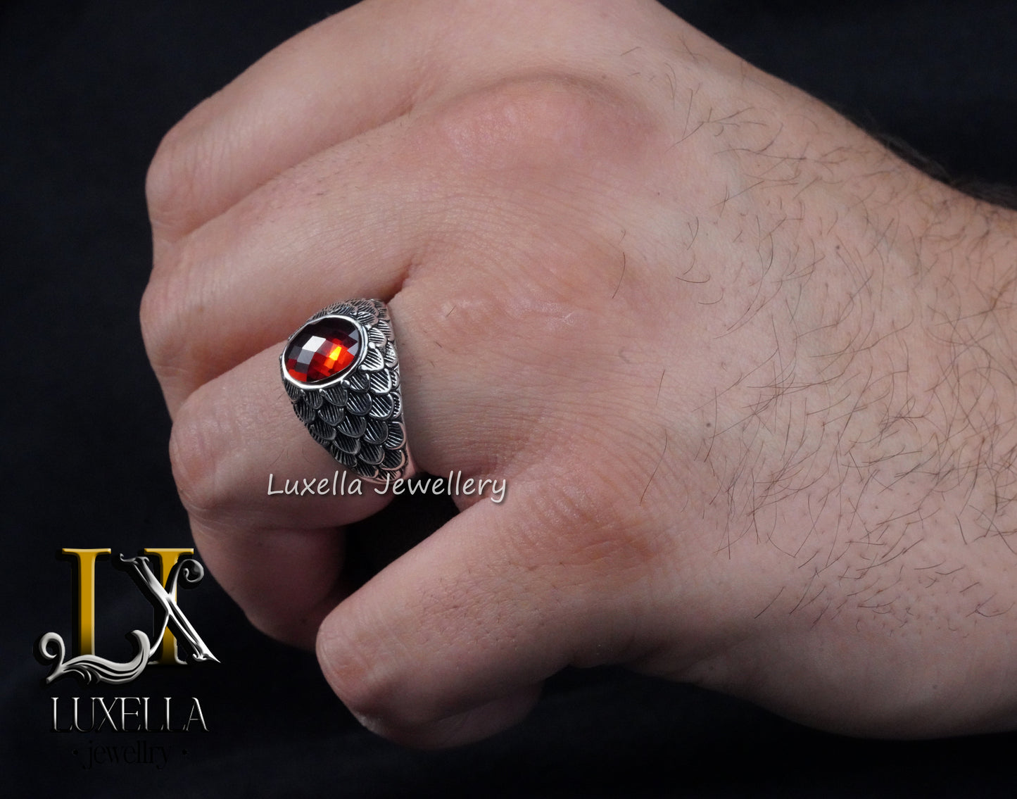 Sterling Silver Garnet Men's Ring - Handcrafted Jewelry for Bold Style