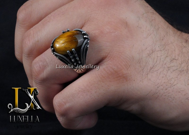 Sterling Silver Tiger's Eye Men's Ring - Handcrafted Unique Silver Ring for Men