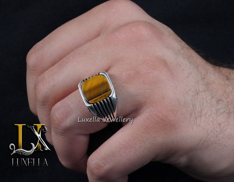 Sterling Silver Tiger's Eye Men's Ring - Handcrafted Unique Silver Ring for Men