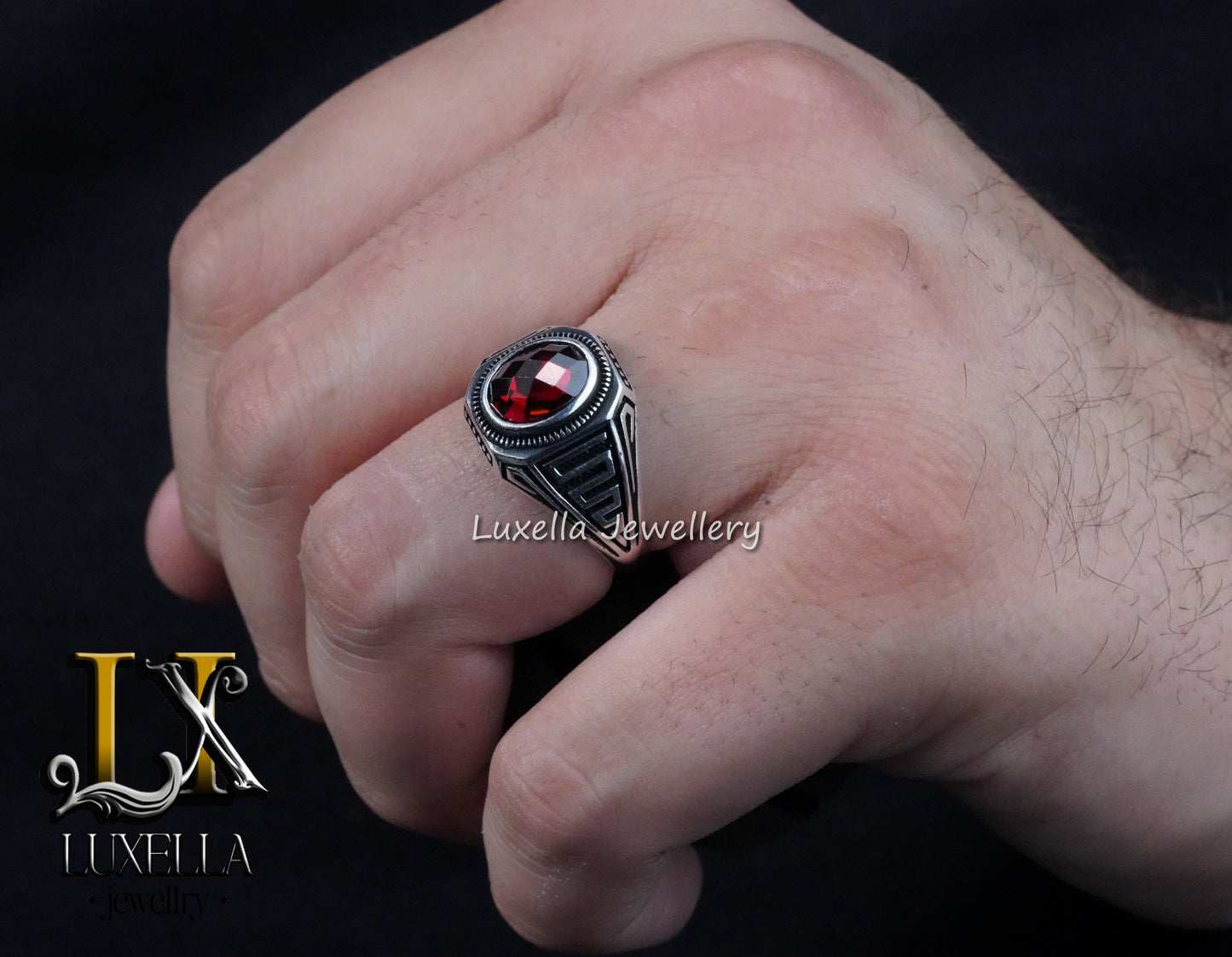 Sterling Silver Garnet Men's Ring - Handcrafted Jewelry for Bold Style