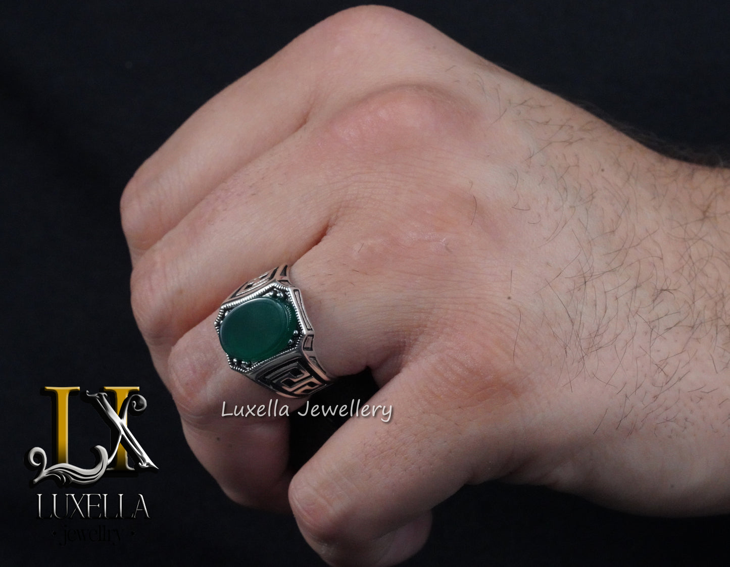 Sterling Silver Green Onyx Men's Ring - Unique Handcrafted Jewelry Ring For Men