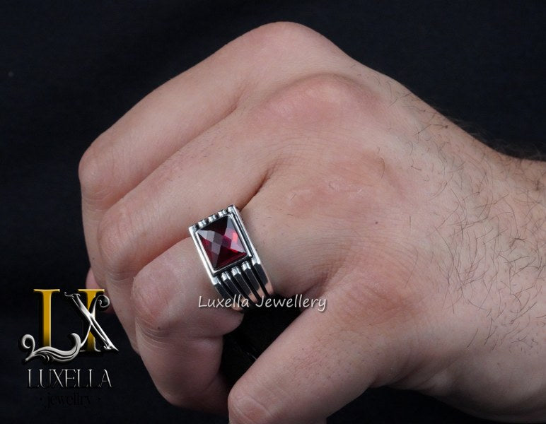 Sterling Silver Garnet Men's Ring - Handcrafted Jewelry for Bold Style