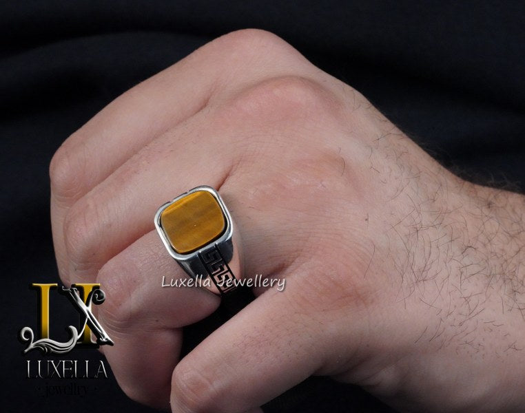 Sterling Silver Tiger's Eye Men's Ring - Handcrafted Unique Silver Ring for Men