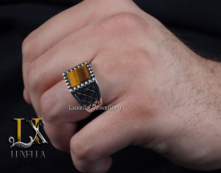 Sterling Silver Tiger's Eye Men's Ring - Handcrafted Unique Silver Ring for Men