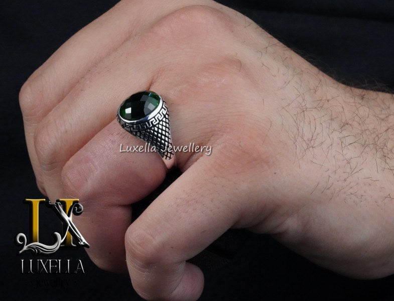 Sterling Silver Emerald Men's Ring - Unique Handcrafted Ring for Men