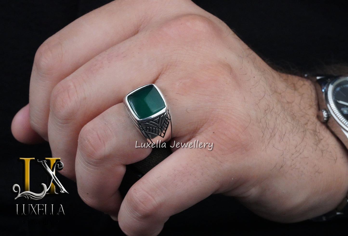 Sterling Silver Green Onyx Men's Ring - Unique Handcrafted Ring for Men