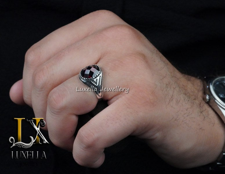 Sterling Silver Garnet Men's Ring - Handcrafted Jewelry for Bold Style