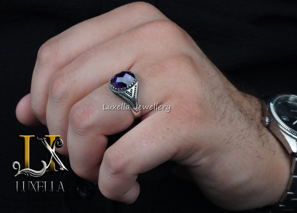 Sterling Silver Amethyst Men's Ring - Handcrafted Statement Jewelry for Men