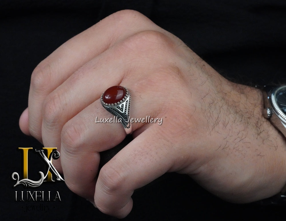 Sterling Silver Agate Men's Ring - Unique Handcrafted Ring for Men