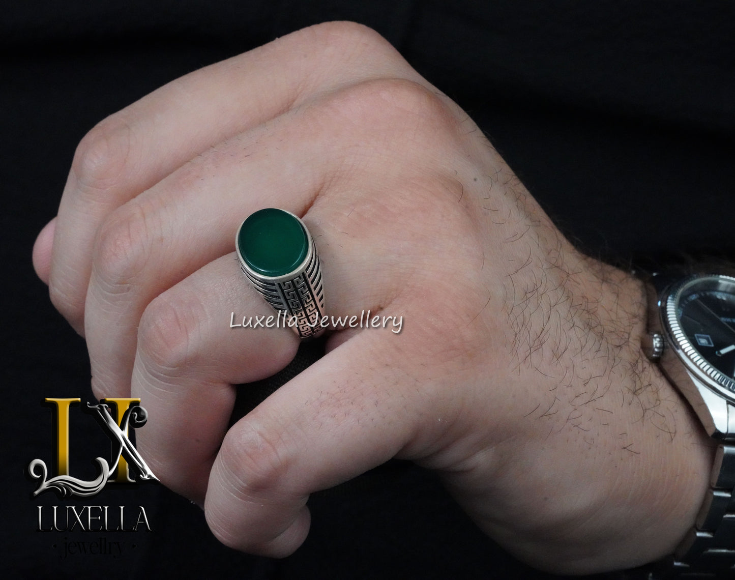 Sterling Silver Green Onyx Men's Ring - Unique Handcrafted Ring for Men