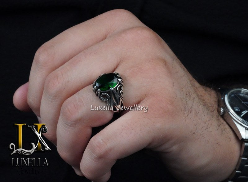 Sterling Silver Emerald Men's Ring - Unique Handcrafted Ring for Men