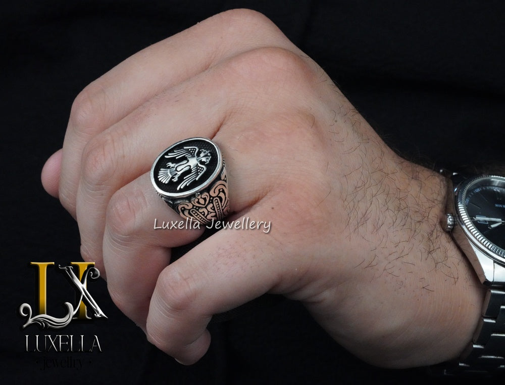 Sterling Silver 925 Seljuk Eagle Ring - Double-Faced Eagle Men's Ring - Seljuk Empire Men's Ring