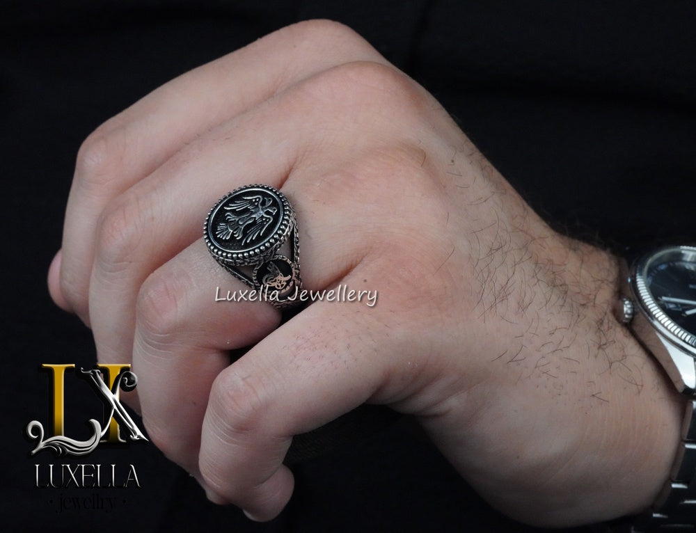 Sterling Silver 925 Seljuk Eagle Ring - Double-Faced Eagle Men's Ring - Seljuk Empire Men's Ring