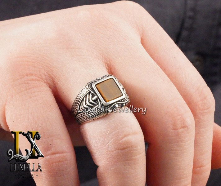 Sterling Silver Zircon  Tiger's Eye Men's Ring - Unique Jewelry for Men