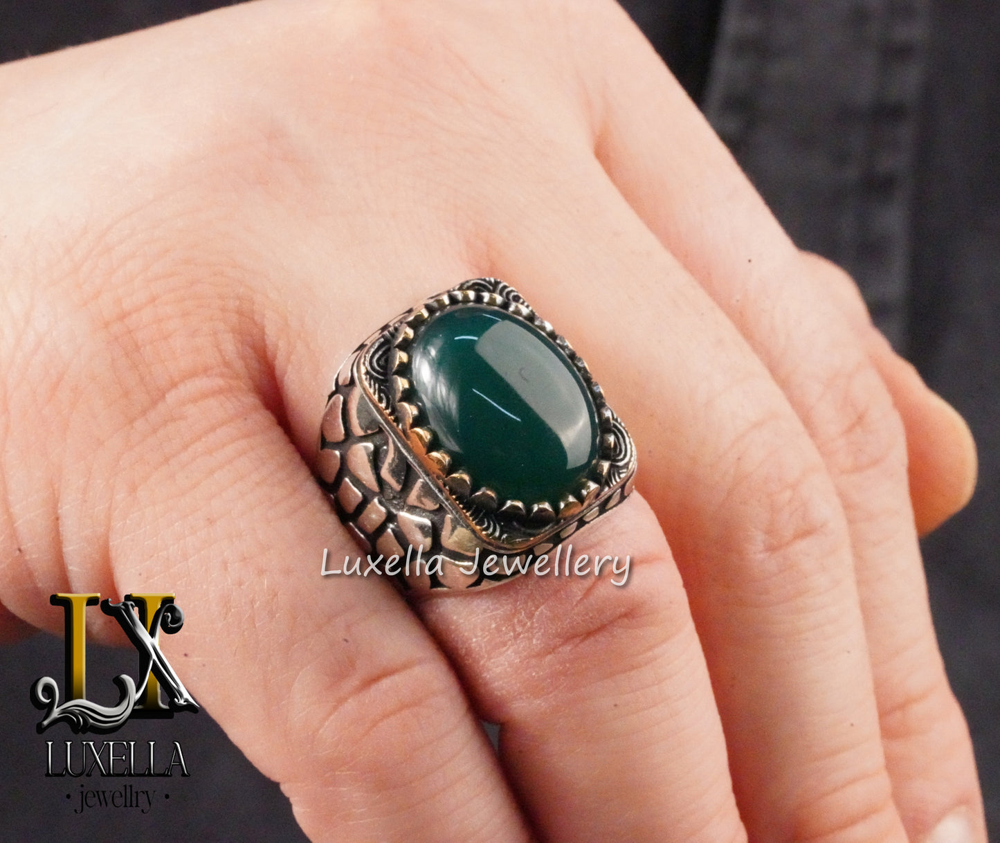 Sterling Silver Green Onyx Men's Ring - Unique Handcrafted Jewelry Ring For Men