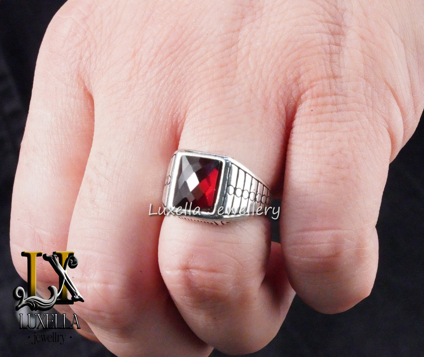 Sterling Silver Garnet Men's Ring - Handcrafted Jewelry for Bold Style