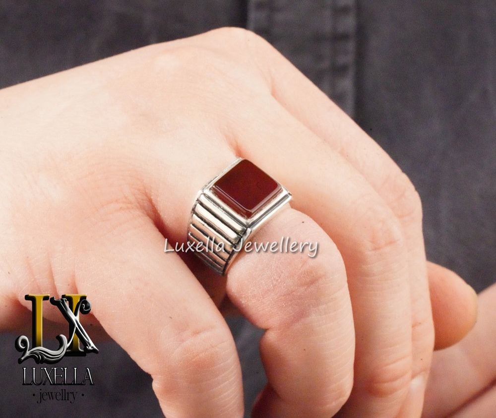 Sterling Silver Agate Men's Ring - Unique Handcrafted Jewelry for Men