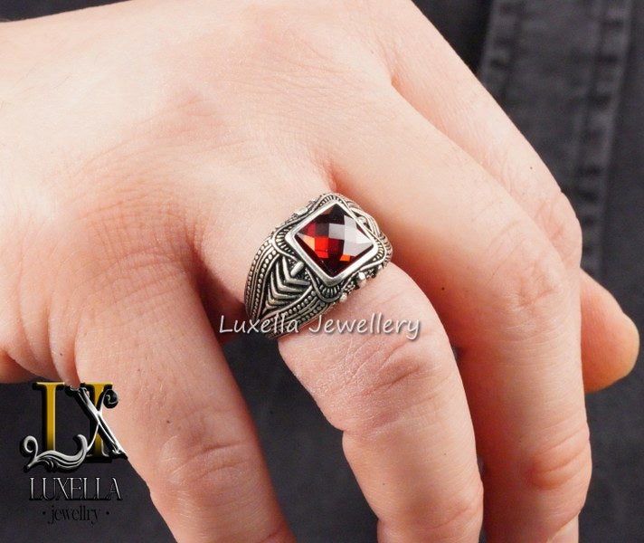 Sterling Silver Garnet Men's Ring - Handcrafted Jewelry for Bold Style